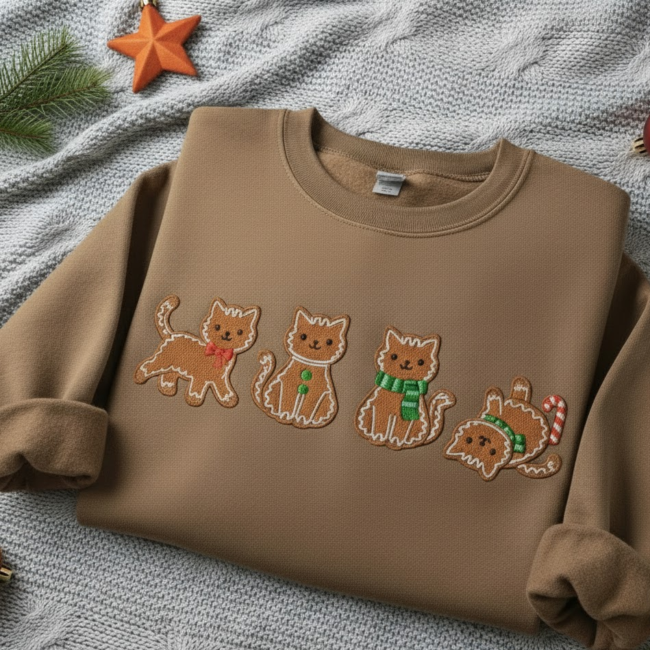 Gingerbread Cat Embroidered Sweatshirt, Christmas Cat Lover Crewneck, Christmas Embroidered Kitten Holiday Hoodie, Cat Mom Shirt, Cozy Holiday Cat Mom Sweater