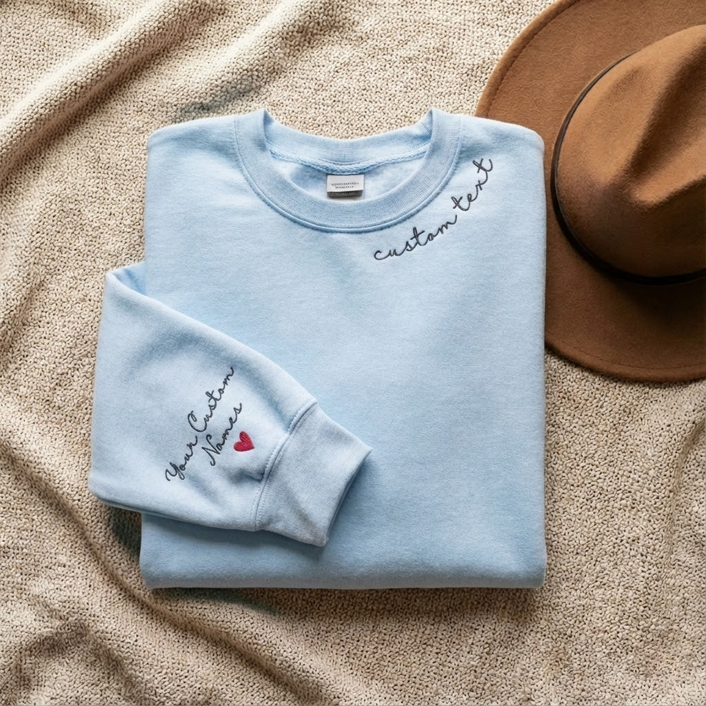 Custom Text on the Neck and Names on the Sleeve Sweatshirt, Personalized Names Initials on Sleeve, Custom Crewneck Sweatshirt, Valentine Day Gifts