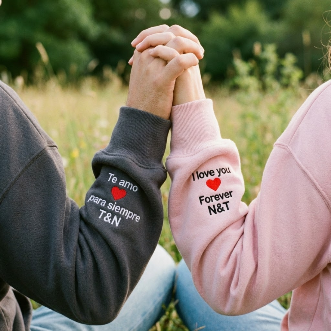 Custom Embroidered I Love You Forever Couple Couples Hoodie, Initial With Heart On Sleeve, Anniversary Gift, Valentines Day Gift