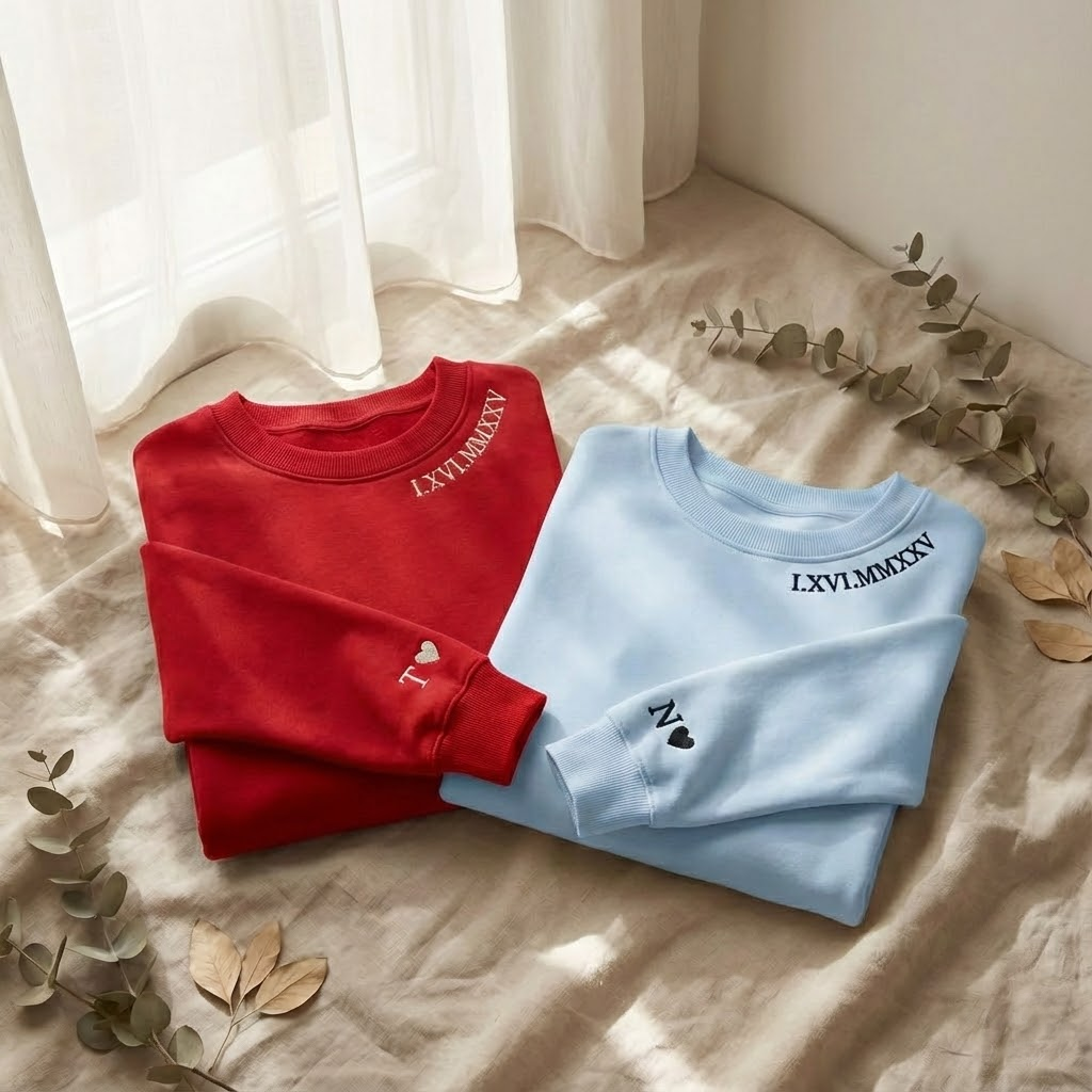 Custom Roman Numeral Sweatshirt, Couple Quarter Zip Initial On Sleeve, Anniversary Year, Personalized Date Crewneck, Valentine's Day Shirt