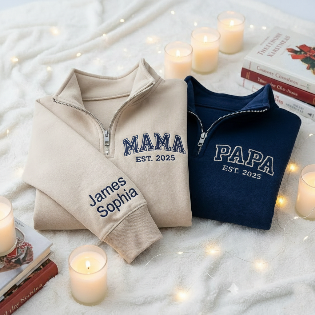 Embroidered Custom Papa Quarter Zip Sweatshirt, Personalized Papa Sweater with Kid's Names, Family Matching Quarter Zip Shirt, Christmas Gift