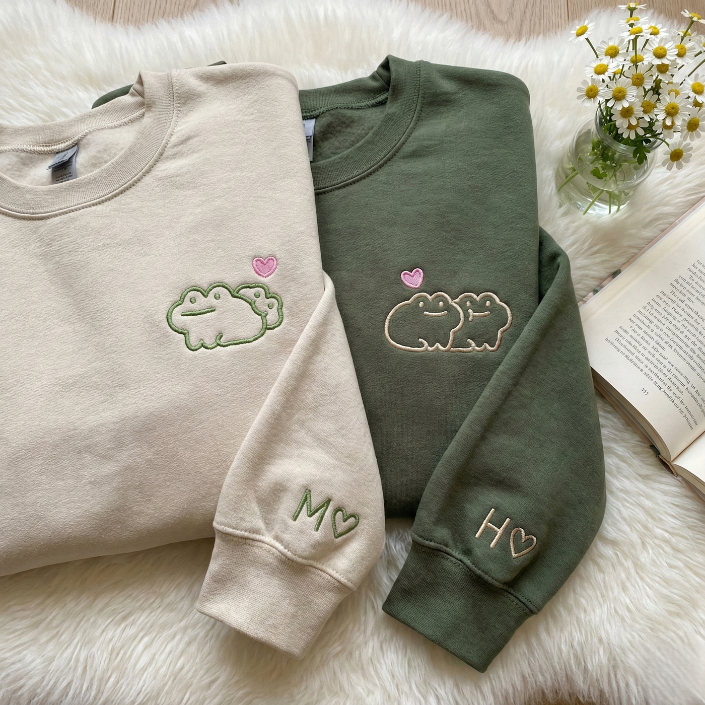 Custom Frog Couple Embroidered Hoodie with Roman Date & Initials - Matching Hoodies For Couple - 1st Anniversary Gift for Couples