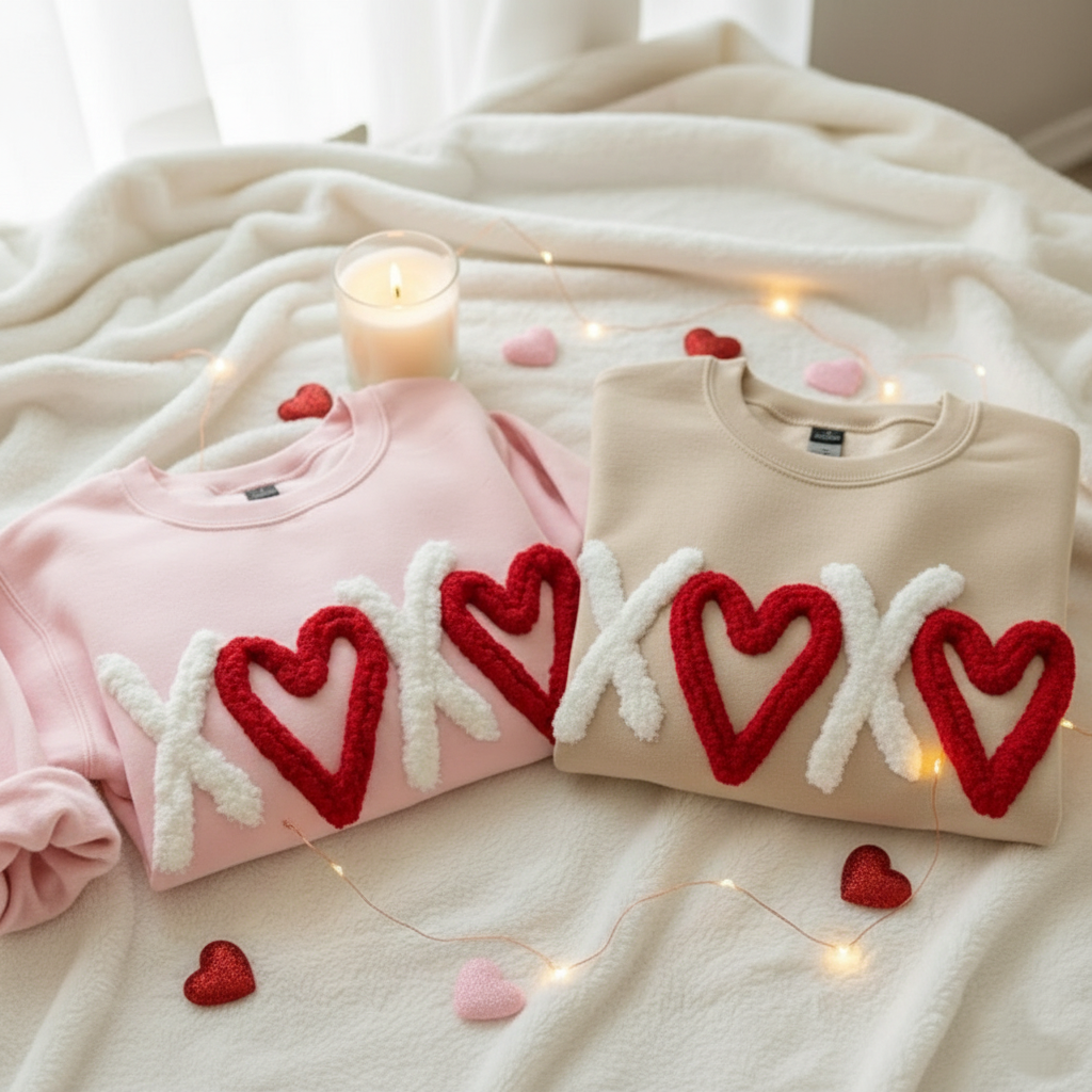 Custom XOXO Crewneck, Custom Chenille Yarn Embroidery Sweatshirt, Valentine Chenille Heart, Valentine Gift