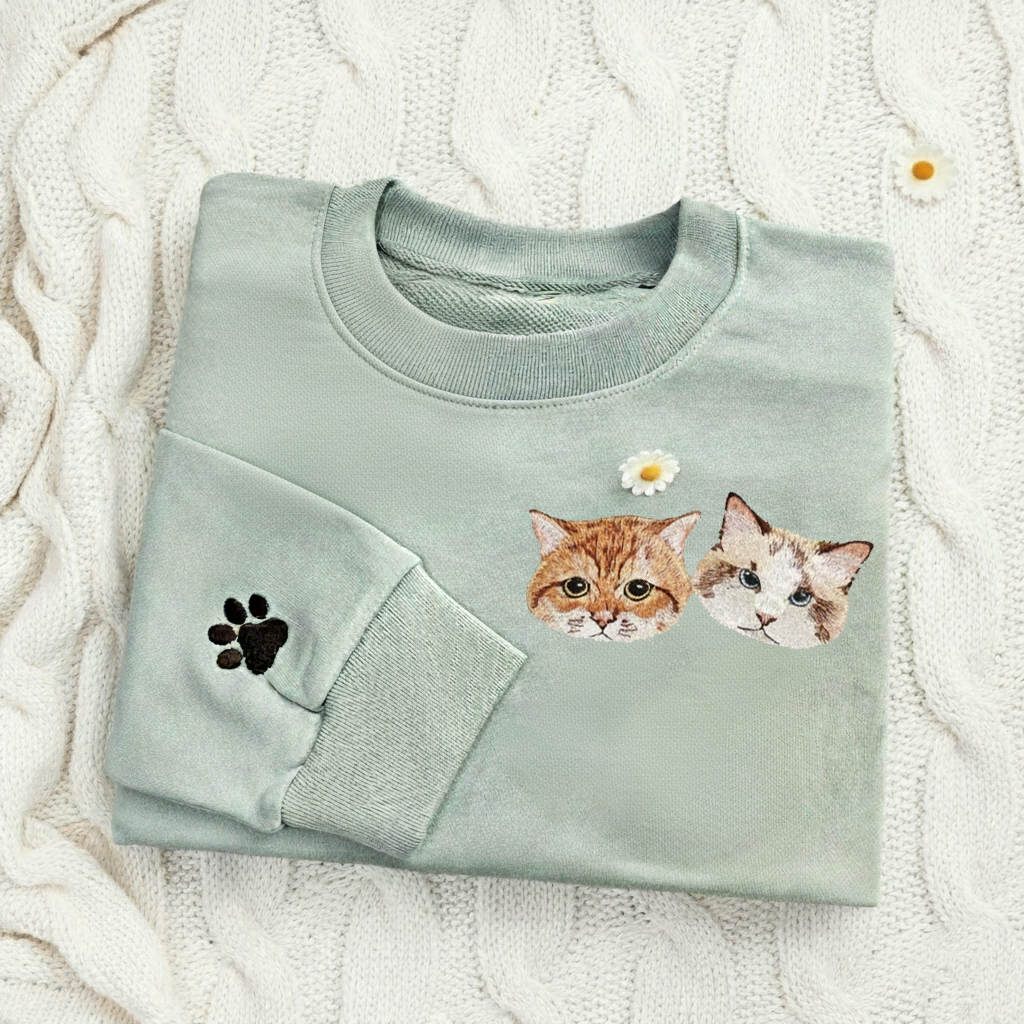 Custom Pet Photo Embroidered Sweatshirt, Personalized Dog Sweater, Embroidered Cat Face Crewneck, Dog Mom Shirt, Pet Lover Gift