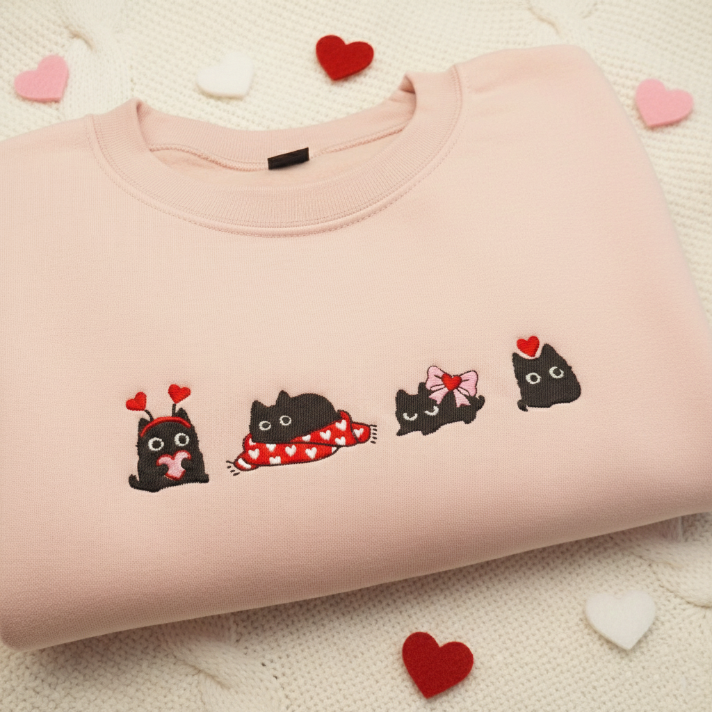 Valentine's Black Cat Sweater, Embroidered Cat Sweatshirt, Cute Cat Lover Jumper, Valentine Gift