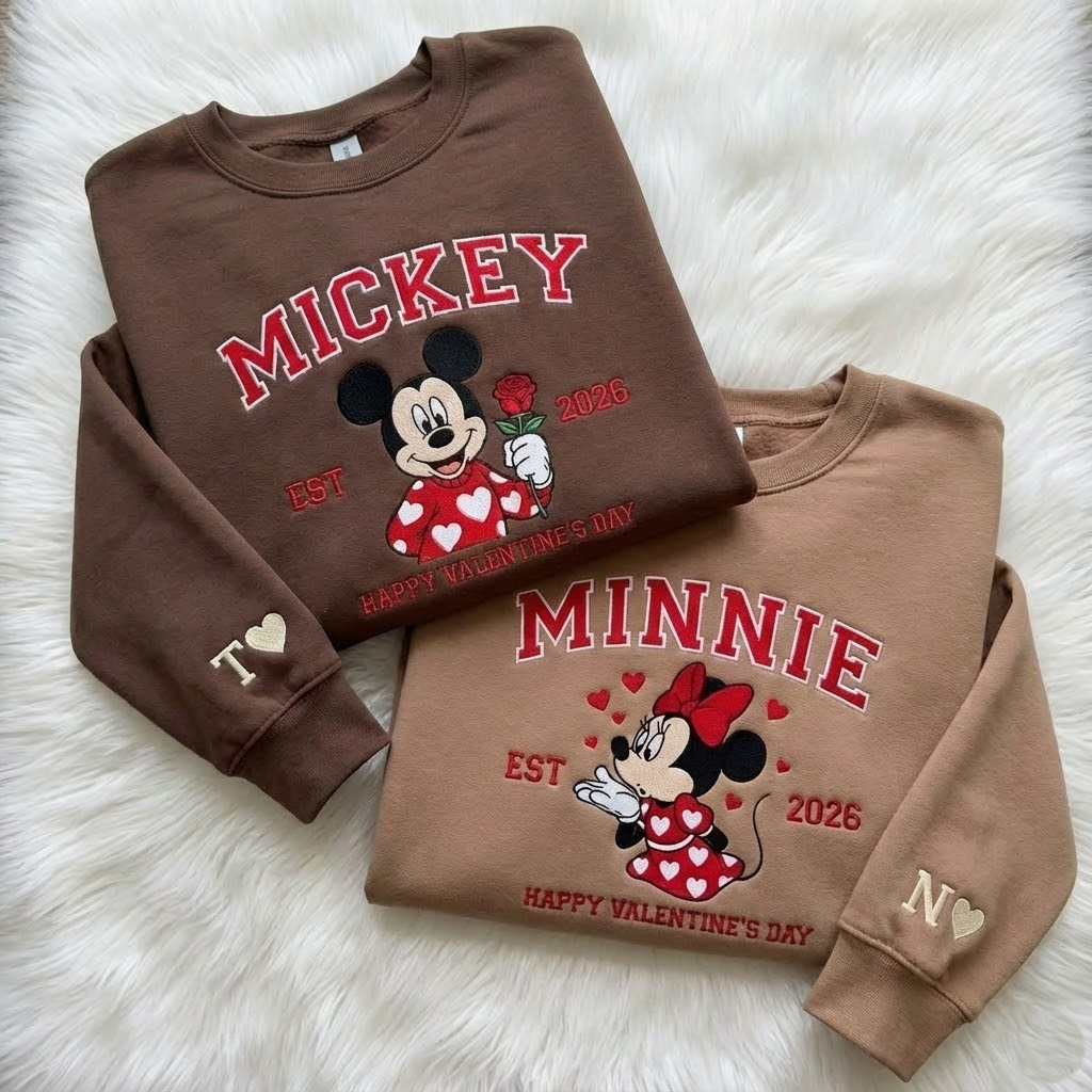 Custom Cartoon Mouse Couple Embroidered Sweatshirt, Retro Cartoon Valentine Embroidered Crewneck, Cozy Valentine Gift