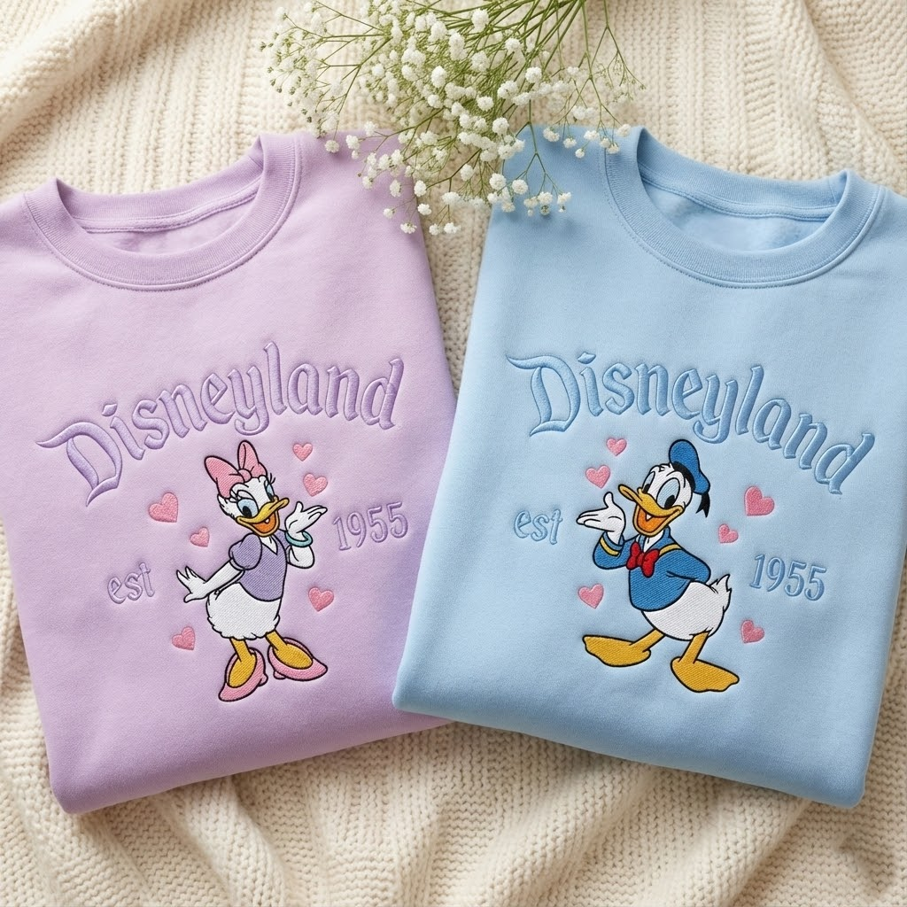 Personalization Matching Couple Embroidered Sweatshirt, Cartoon Duck Couple Embroidered Sweater, Cute Duck Couple Shirt, Valentine Gift