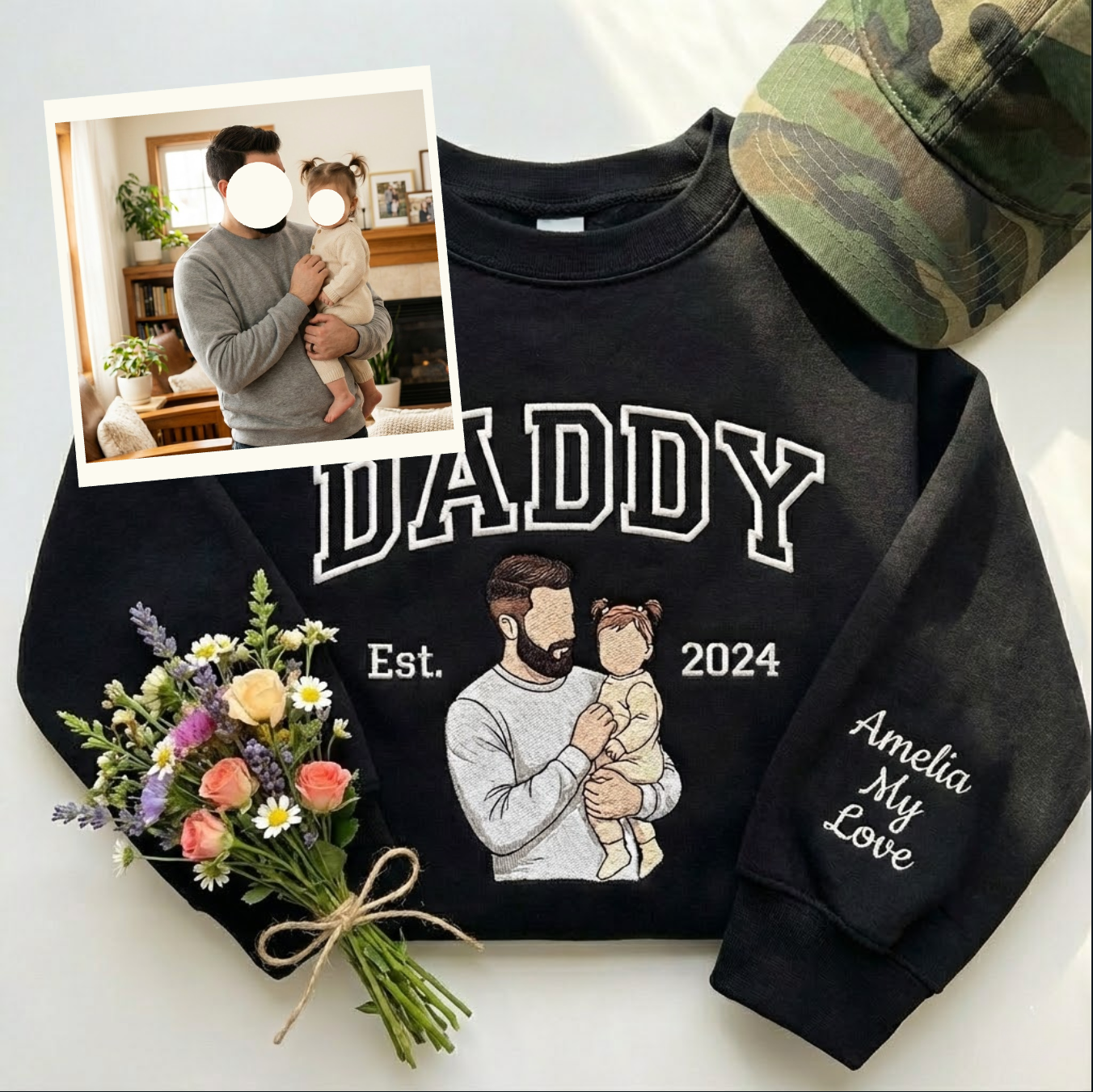 Custom Embroidered Dad Sweatshirt with Photo, Fathers Day or Birthday Gift for Dad, Personalized Dad and Daughter Hoodie, Embroidered Portrait Shirt