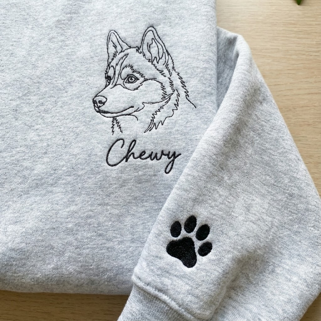 Custom Outline Embroidered Pet Sweatshirt, Custom Embroidered Dog Cat Hoodie with Pet Photo and Name, Embroidered Pet Portrait, Gift for Dog Dad/Mom