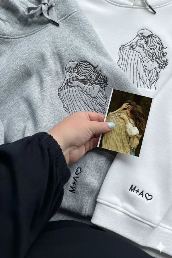 Custom Embroidered Couple Portrait Hoodie: Personalized Photo Sweatshirt, Matching Hoodies, Valentine Gift