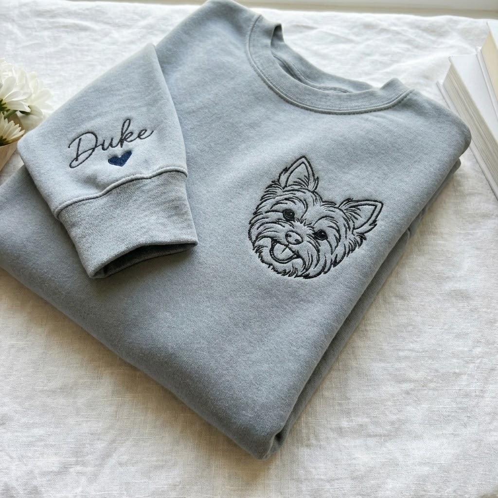 Outline Embroidered Pet Face & Name Sweatshirts, Custom Embroidered Pet Sweatshirts, Custom Dog Cat Embroidered Crewneck, Special Gift for Dog Mom, Dad Dog's Gift
