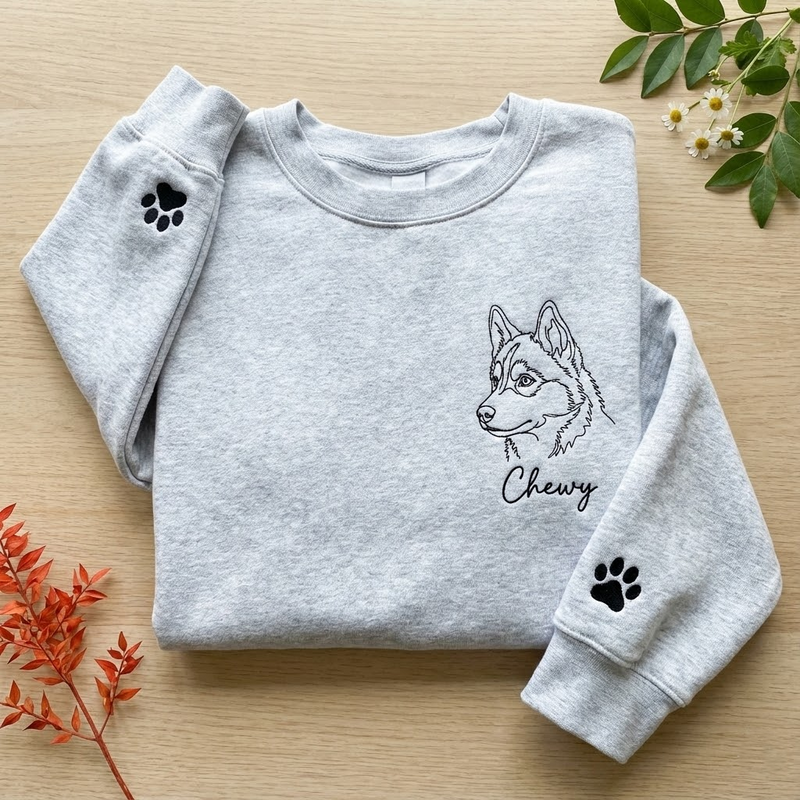 Custom Outline Embroidered Pet Sweatshirt, Custom Embroidered Dog Cat Hoodie with Pet Photo and Name, Embroidered Pet Portrait, Gift for Dog Dad/Mom